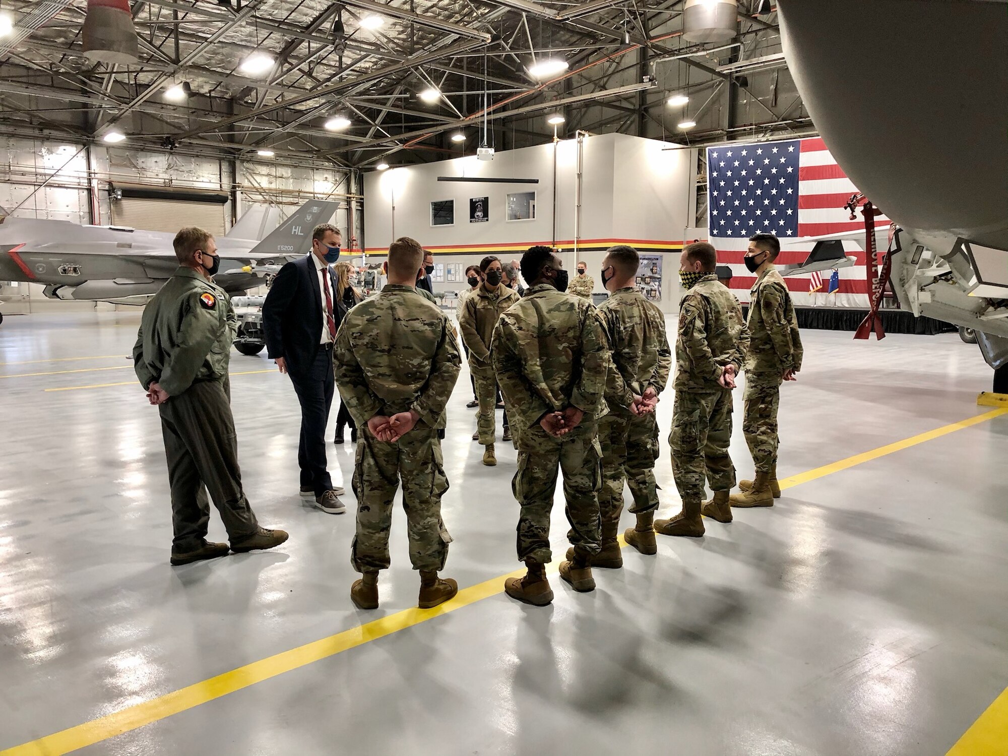 Air Force reservists from the 419th Fighter Wing and active-duty personnel from the 388th Fighter Wing give Rep. Blake Moore an overview of the F-35A Lightning II during a tour of Hill Air Force Base, Utah, Feb. 16.