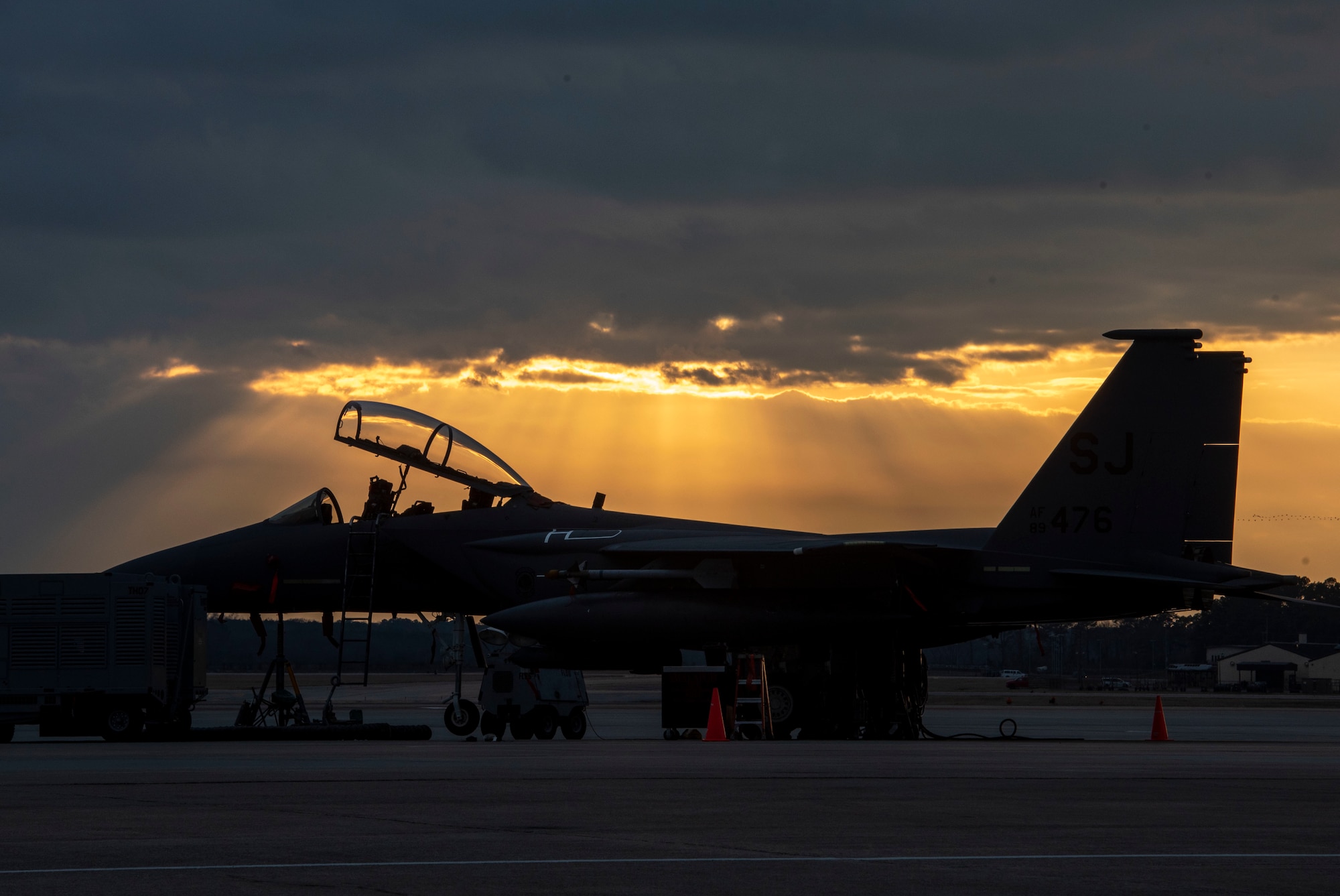 An F-15E Strike Eagle sits on the flightline at Seymour Johnson Air Force Base, North Carolina, Feb. 10, 2021.