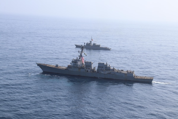 USS James E. Williams (DDG 95) conducts a passing exercise (PASSEX) with the Colombian naval frigate ARC Antioquia (FM-53) in the Caribbean Sea.
