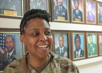 Sgt. 1st Class Gertha L. Cleveland, assigned to the Virginia Army National Guard's Recruiting and Retention Battalion, shares stories about her military experience and what African American History Month means to her Feb 10, 2021, in Norfolk, Virginia. (U.S. Army National Guard photo by Staff Sgt. Lisa M. Sadler)