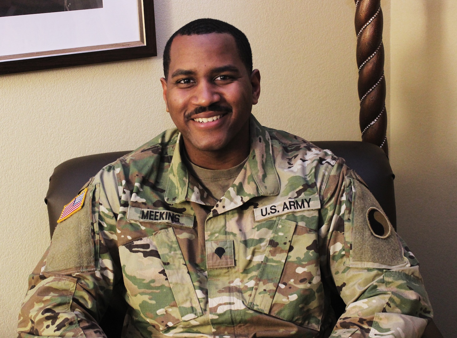 Spc. TreyVon Meekins, assigned to the Virginia National Guard's Bravo Company, 429th Brigade Support Battalion, 116th Infantry Brigade Combat Team.