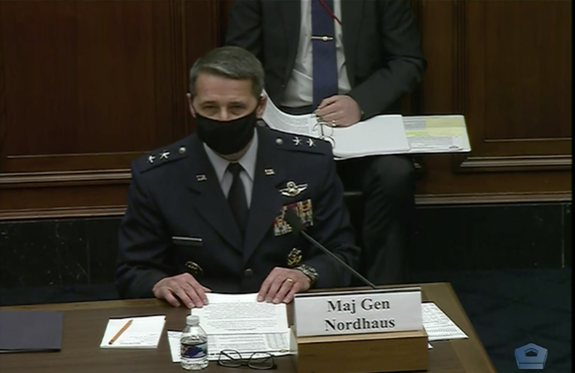 Still image from video of Maj. Gen. Steven S. Nordhaus, director of operations at the National Guard Bureau, testifying before the House Armed Services Committee in Washington, Feb. 17, 2021. Nordhaus told the committee the Guard is vaccinating about 72,000 people a day across the country.