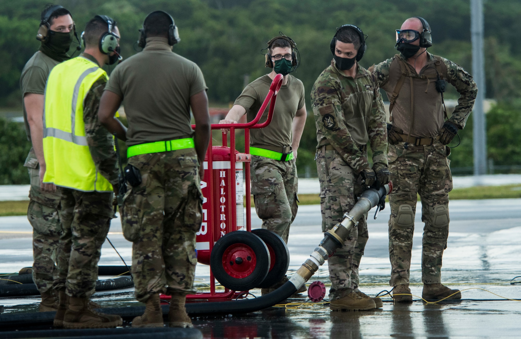 U.S. Air Force Airmen attend hands-on Agile Combat Employment (ACE) multi-capable Airmen training during Cope North 21 at Andersen Air Force Base, Guam, Feb. 6, 2021. The purpose of the training is to teach Airmen from various career fields how to execute hot-pit refueling and maximize readiness capabilities. (U.S. Air Force photo by Senior Airman Jonathan Valdes Montijo)
