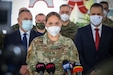 Capt. Madeline Gramling, 3232nd Civil Affairs Team commander, addresses the crowd during a ceremony in Martin, Slovakia, on February 12, 2021. Soldiers from the 432nd Civil Affairs Battalion along with their counterparts in the Slovak military gifted ozone generators to a school in Martin. Two-hundred and forty-five generators, supplied by a Slovak company, were presented to Aurel Stodola Elementary School to be used in the classrooms throughout the district. The donation is to increase the safety of children and young people studying in primary schools through effective and regular disinfection of school classrooms and common areas in schools to combat the spread of COVID-19.