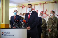 Marian Majer, State Secretary of the Minister of Defense of the Slovak Republic, briefs the crowd during a ceremony held in Martin, Slovakia, on February 12, 2021. Soldiers from the 432nd Civil Affairs Battalion along with their counterparts in the Slovak military gifted ozone generators to a school in Martin. Two-hundred and forty-five generators, supplied by a Slovak company, were presented to Aurel Stodola Elementary School to be used in the classrooms throughout the district. The donation is to increase the safety of children and young people studying in primary schools through effective and regular disinfection of school classrooms and common areas in schools to combat the spread of COVID-19.