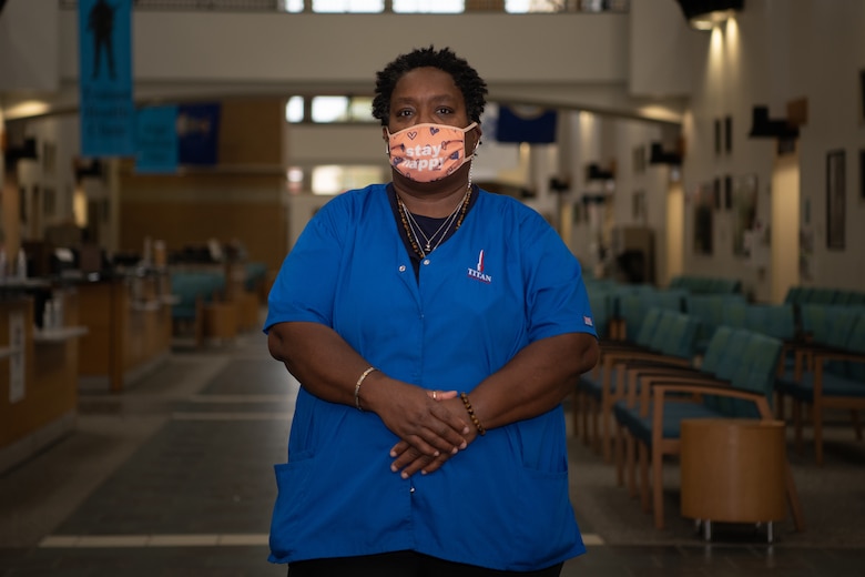Margo Strong, a janitor at the 42nd Medical Group, poses for a photo Jan. 21, 2021, at the 42nd Medical Group on Maxwell Air Force Base, Alabama. Strong has been a resident of Montgomery since 1982, and she has worked at the 42nd MDG for over eight months.