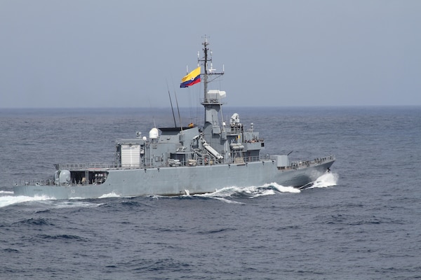 The Colombian naval frigate ARC Antioquia (FM-53) transits in the Caribbean Sea while conducting a passing exercise (PASSEX) with the Arleigh Burke-class guided-missile destroyer USS James E. Williams (DDG 95) Feb. 15.