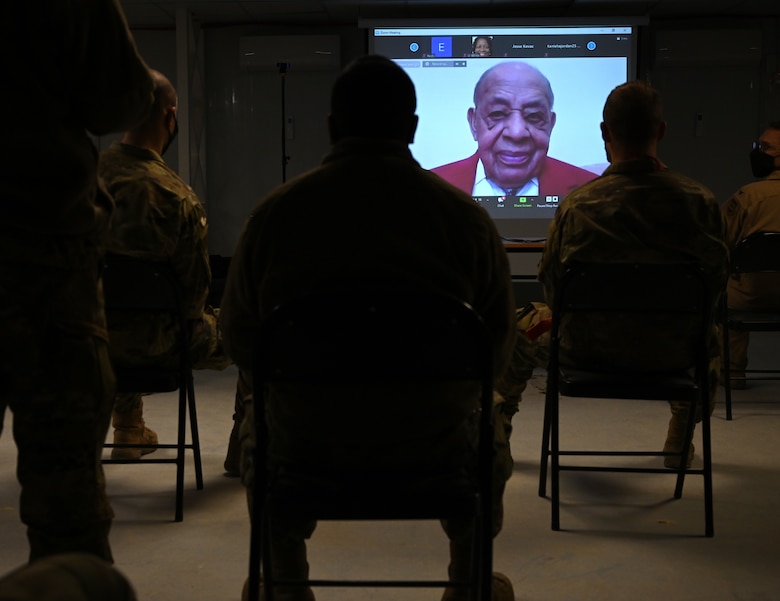 Tuskegee Airman, retired Lt. Col. Harold Brown, answers questions from Airmen during a virtual appearance at the 332nd Air Expeditionary Wing, Feb. 17, 2021. The appearance coincided with Black History Month and featured questions from young service members, commanders as well as current F-15E Strike Eagle pilots currently deployed to the Middle East.