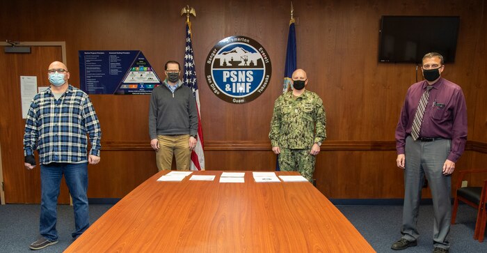 On Feb. 18, 2021, Eric Morse, president, Bremerton Metal Trades Council; Thomas Calkins, president, International Federation of Professional and Technical Engineers, Local 12; Capt. Jip Mosman, commander, Puget Sound Naval Shipyard & Intermediate Maintenance Facility; and Mark Johnson, Department Head, Code 106, Environmental Safety & Health Department, PSNS & IMF, signaled commitments by their respective organizations to support the application to the Occupational Safety & Health Administration for the
Bremerton site to become a Voluntary Protection Program Star Site.