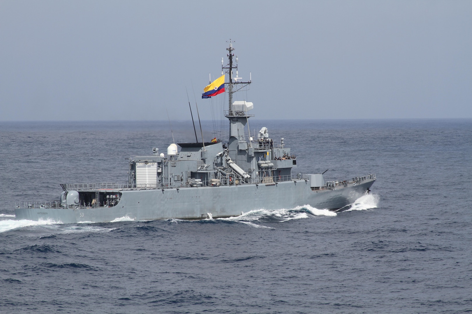 The Colombian naval frigate ARC Antioquia (FM-53) transits in the Caribbean Sea while conducting a passing exercise (PASSEX) with the Arleigh Burke-class guided-missile destroyer USS James E. Williams (DDG 95) Feb. 15.