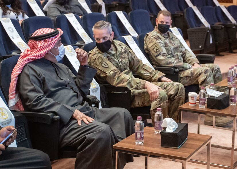 Col. John Herman, commander, Area Support Group Kuwait, speaks with General Director, Public Authority of Agriculture, Mohamed Alsabah, during a canine behavior and safety seminar in Rabia, Kuwait, Feb. 2, 2021. The seminar was hosted by the Kuwaiti Public Authority of Agriculture Affairs and Fish Resources and conducted by ASG Kuwait Soldiers.