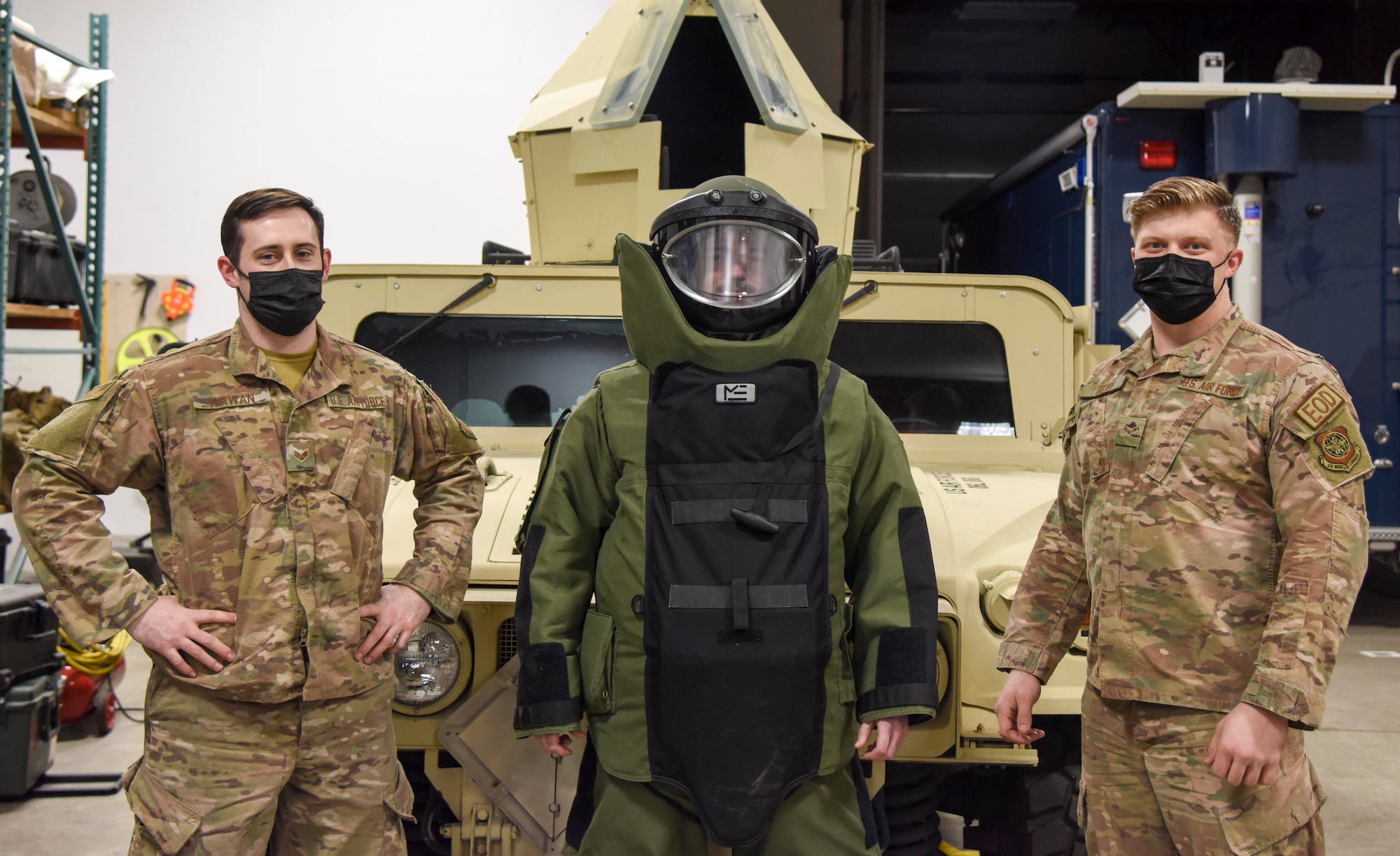 U.S. Air Force Senior Airman Charles Kirwan (left), Airman 1st Class Travis Callahan (middle) and Airman 1st Class Kyle Riley, 92nd Civil Engineer Squadron Explosive Ordnance Disposal technicians, pose for a photo at Fairchild Air Force Base, Washington, Feb. 16, 2021. Fairchild’s EOD emergency response spans an 85-thousand square mile radius supporting federal and local law enforcement agencies throughout Washington, Northern Idaho and select counties in Montana and Oregon. (U.S. Air Force photo by Airman 1st Class Anneliese Kaiser)