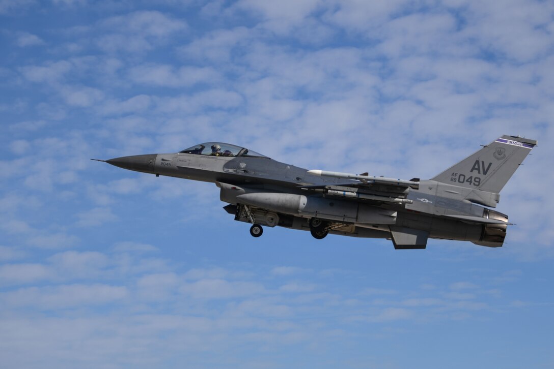 A U.S. Air Force F-16 Fighting Falcon assigned to the 510th Fighter Squadron takes flight during an Agile Combat Employment exercise at Amendola Air Base, Italy, Feb. 17, 2021. During the exercise, Airmen enhanced their ability to rapidly deploy and operate from remote locations with varying levels of capacity and support. (U.S. Air Force photo by Senior Airman Ericka A. Woolever)