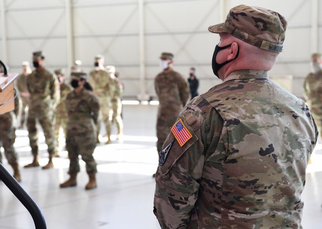 U.S. Space Force Senior Master Sgt. Sean Winter, 606th Air Control Squadron superintendent of cyber ops and maintenance, participates in a U.S. Space Force transfer ceremony at Aviano Air Base, Italy, Feb. 16, 2021.