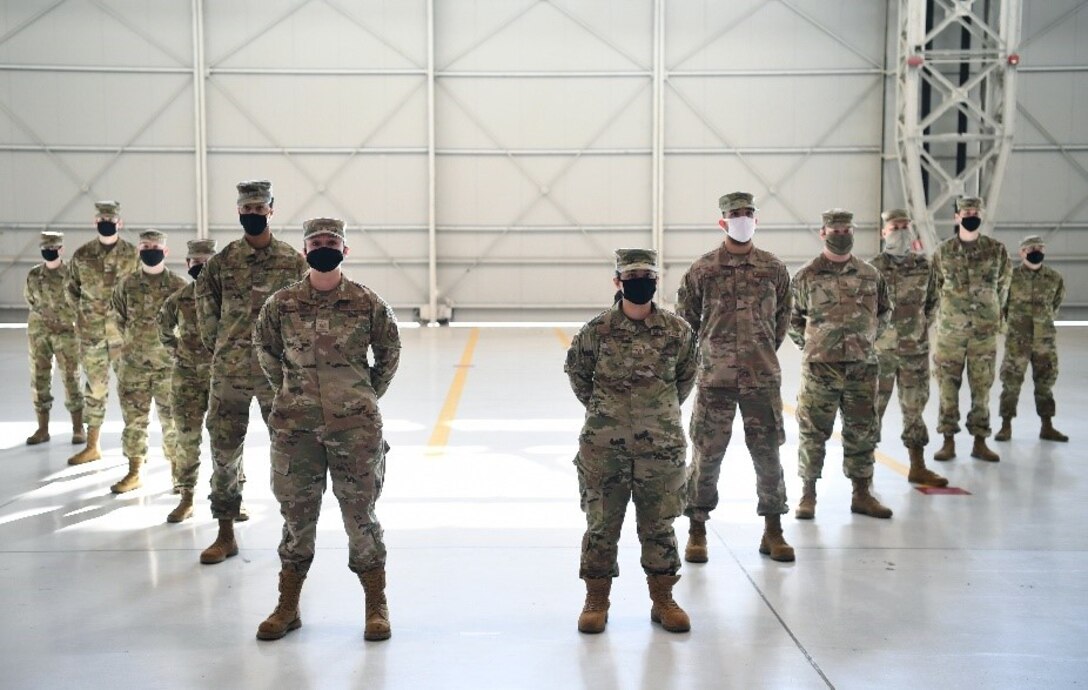 Newly sworn in U.S. Space Force Guardians pose for a photo at Aviano Air Base, Italy, Feb. 16, 2021.