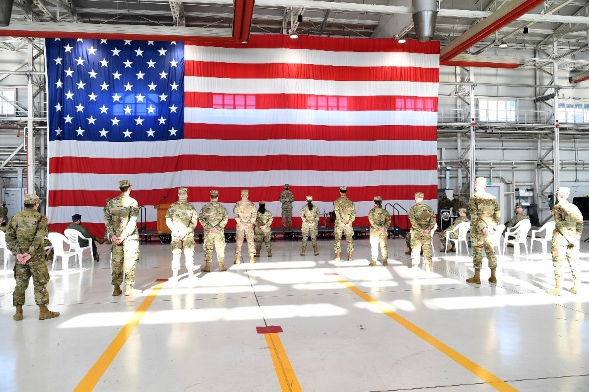 U.S. Air Force Brig Gen. Jason Bailey, 31st Fighter Wing commander, speaks during a  United States Space Force transfer ceremony at Aviano Air Base, Italy, Feb. 16, 2021.