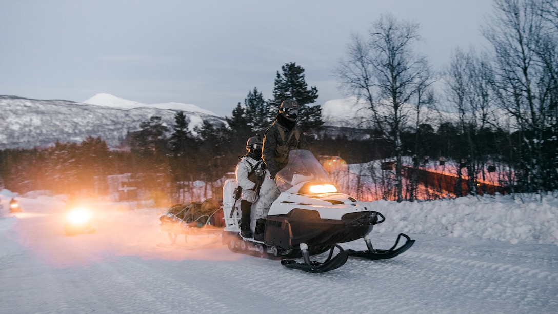 U.S. Marines participate in a snowmobile training event in Setermoen, Norway, Feb. 17.