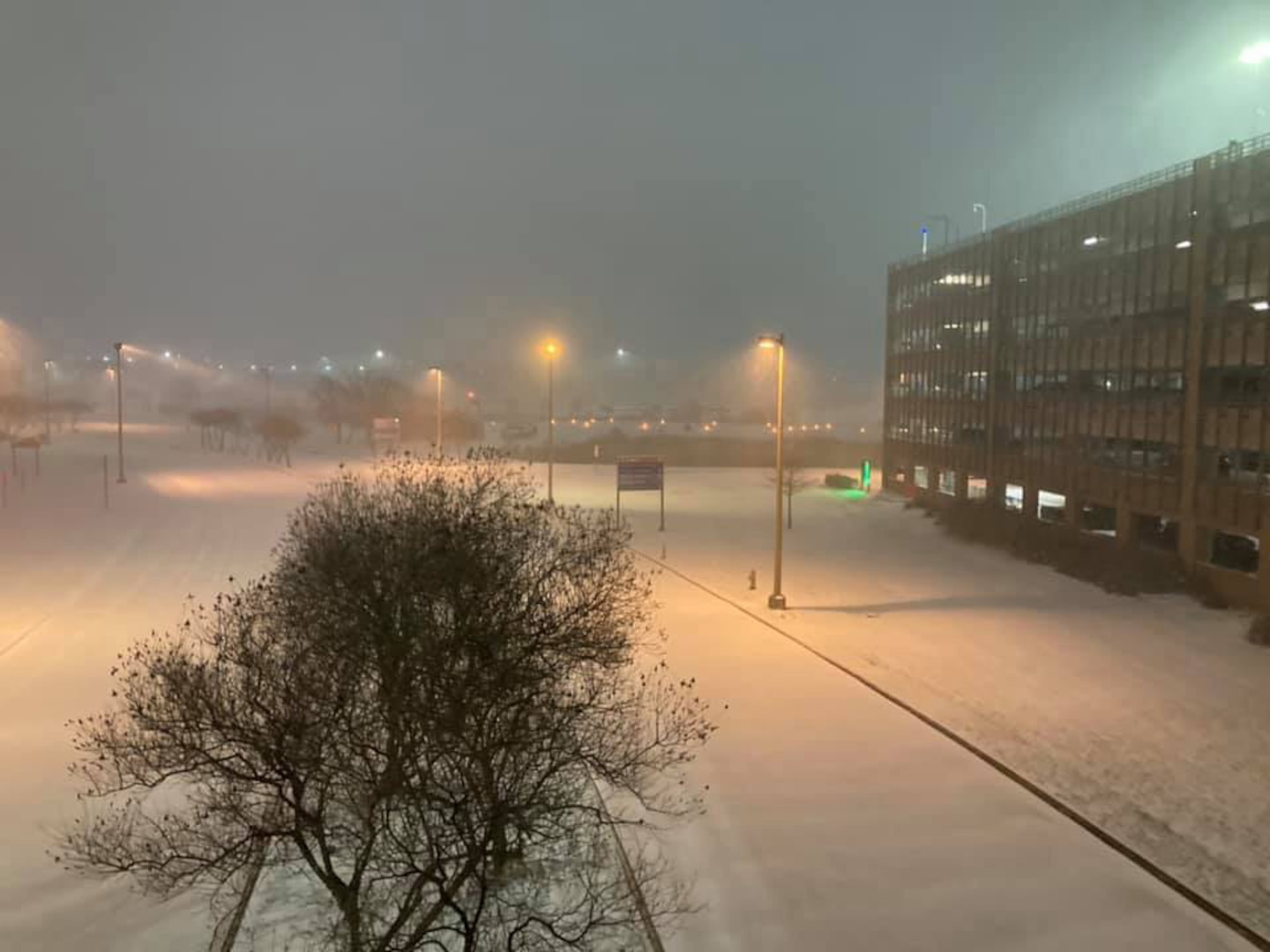 Brooke Army Medical Center endures a deluge of snowfall at Joint Base San Antonio-Fort Sam Houston, Texas