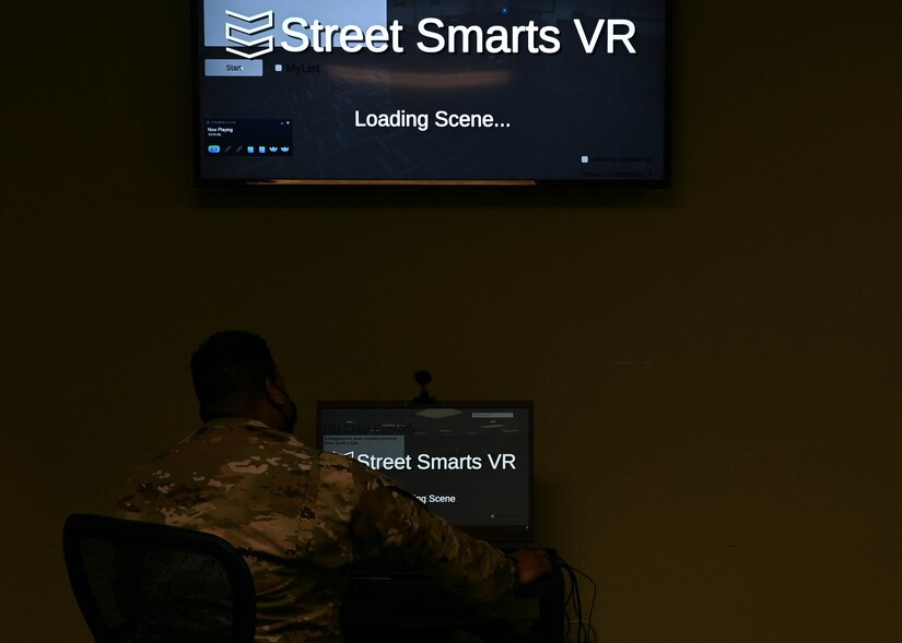 The video feed of a virtual reality training environment displays on a television screen Feb. 3, 2021, at Joint Base Langley-Eustis, Virginia.
