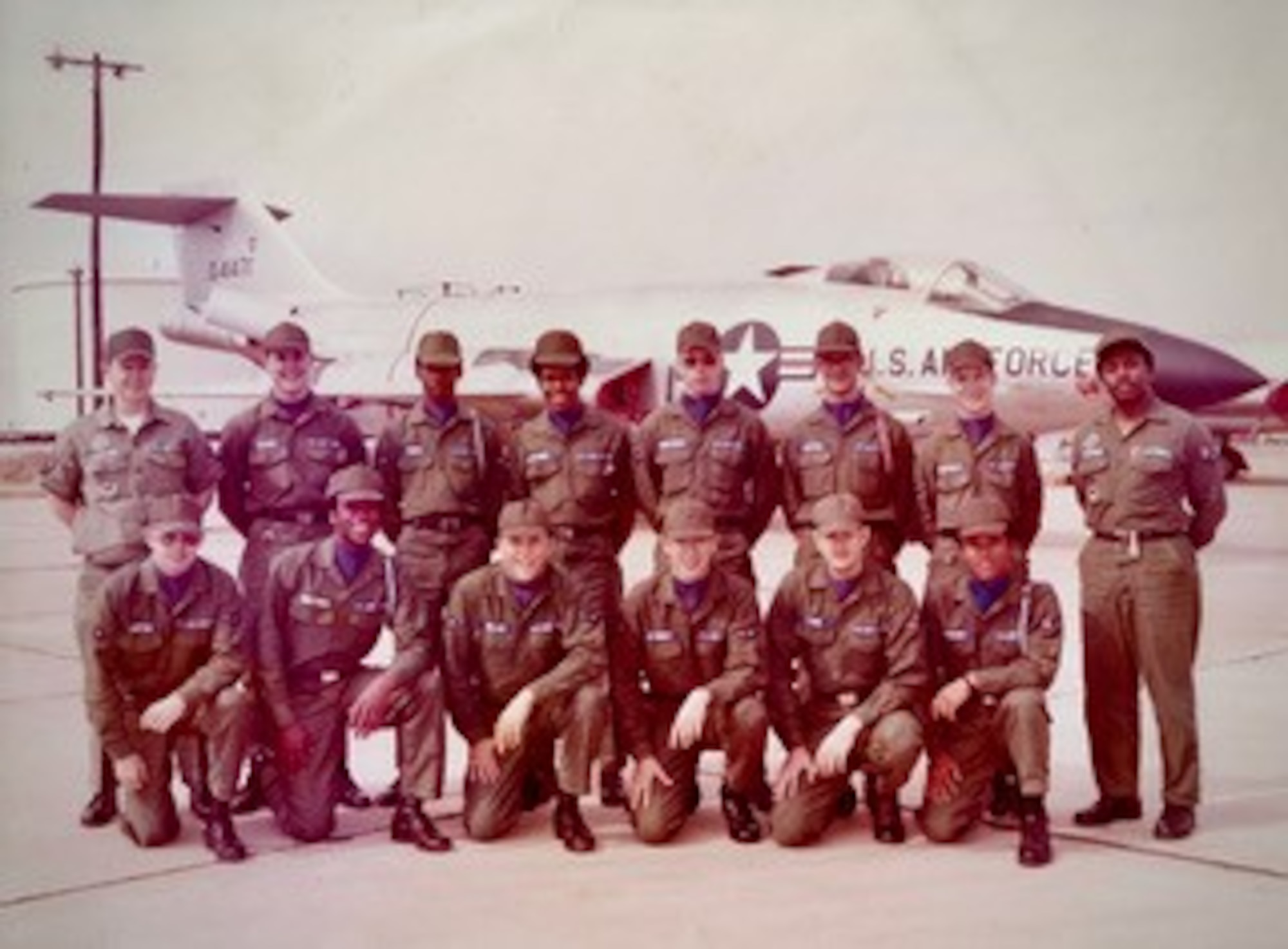 Former Airman Galen Williams, top row, center left, poses for a photo in front of a F-101 Voodoo after graduating technical training at Sheppard Air Force Base, Texas, 1973. Williams retired from the Air Force as a master sergeant in 1995 and went on to serve as the Safety director at Hanscom Air Force Base, Mass. Williams will retire Feb. 27 after 46 combined years of military and federal service. (Courtesy Photo).
