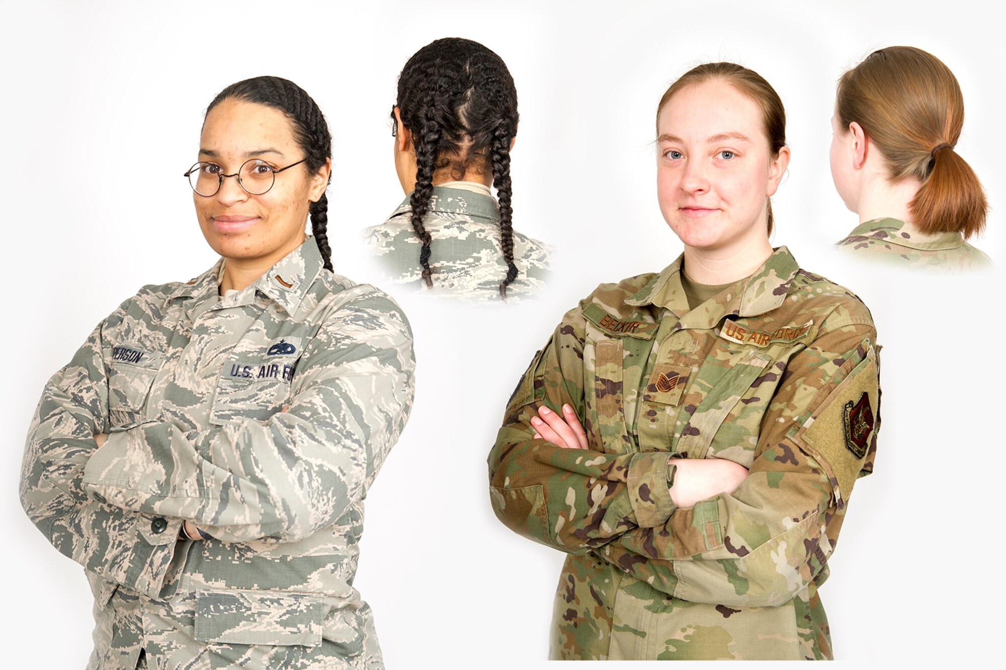 2nd Lt. Julia Person, 434th Operations Support Squadron intelligence officer, left, and Tech Sgt. Sara Becker, 434th Aircraft Maintenance Squadron avionics specialist, pose for a photo at Grissom Air Reserve Base, Indiana Feb. 15, 2021 to demonstrate how they are wearing their hair with the newly implemented Air Force hair regulations for woman. Women are now able to wear their hair in up to two braids or a single ponytail with bulk not exceeding the width of the head and length not extending below a horizontal line running between the top of each sleeve inseam at the underarm through the shoulder blades. (U.S. Air Force graphic/Master Sgt. Ben Mota)