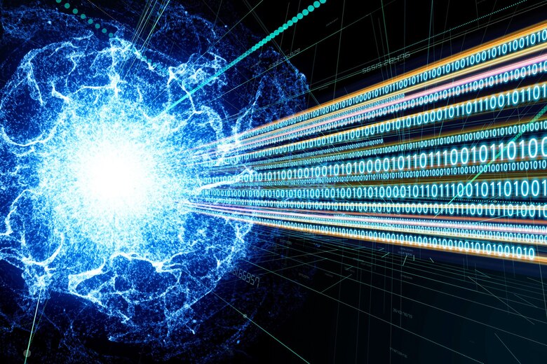 A graphic depicts a ball of light and a series of zeros and ones.