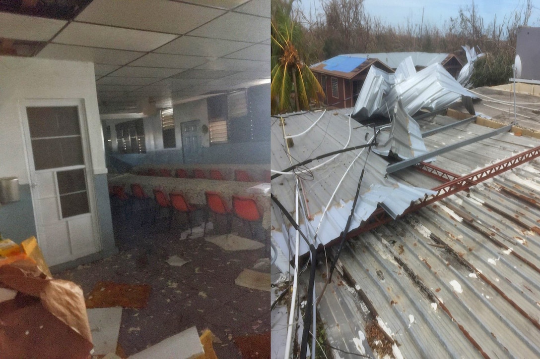 Hurricane damage to a school's roof and classroom