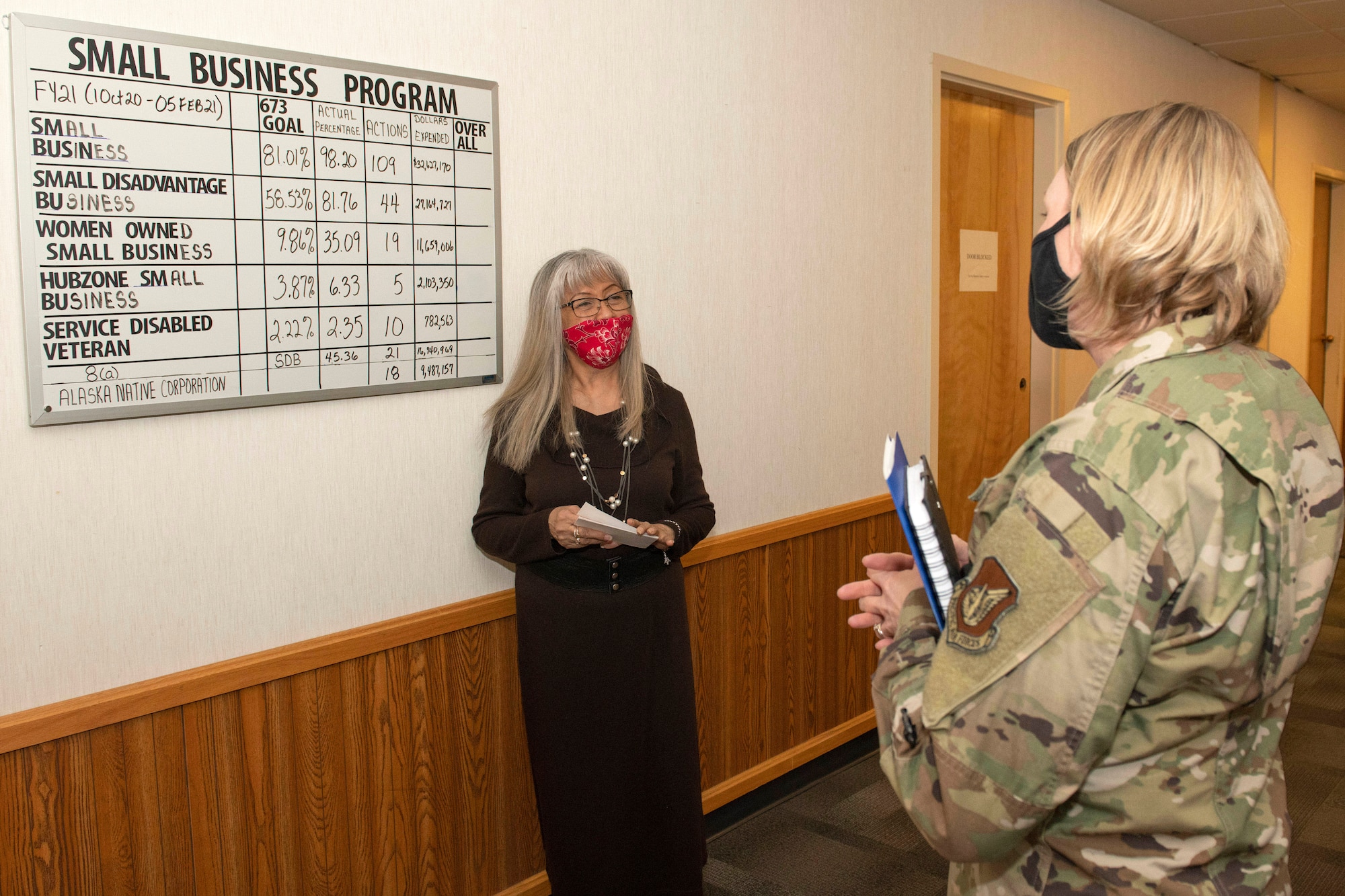 Della Simmons, a small business specialist assigned to the 673d Contracting Squadron, gives U.S. Air Force Col. Kirsten Aguilar, Joint Base Elmendorf-Richardson and 673d Air Base Wing commander, an overview of the squadron’s small business projects during an immersion tour at JBER, Alaska, Feb. 5, 2021. Aguilar familiarized herself with the 673d CONS and its role in supporting the installation’s mission readiness after taking command of the installation July 14, 2020. The 673d CONS provides acquisition support for units across the installation by managing the purchase of supplies, services and construction.