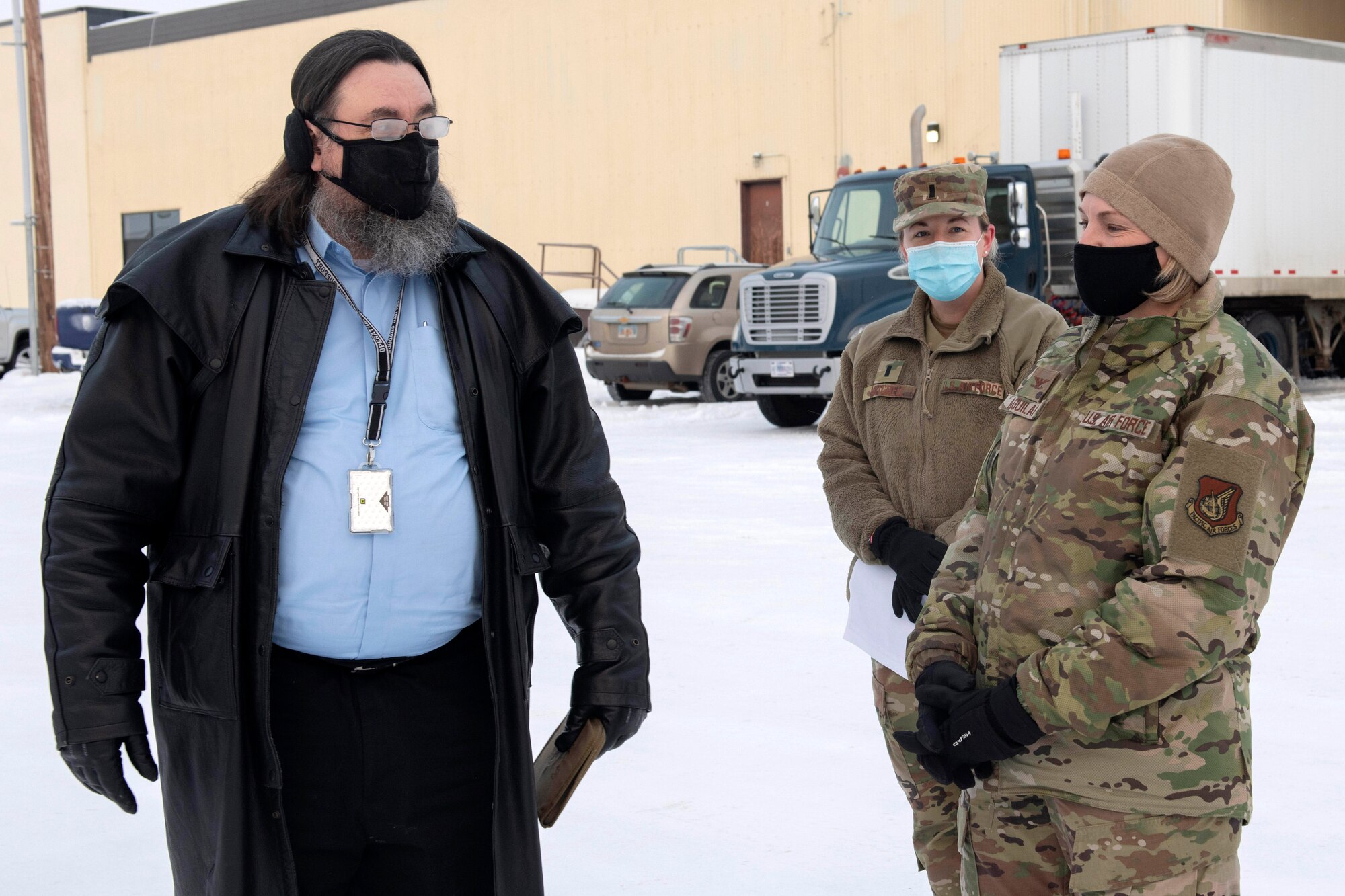 John Jeffrey, the Construction Flight chief assigned to the 673d Contracting Squadron, gives an overview of his flight to U.S. Air Force Col. Kirsten Aguilar, Joint Base Elmendorf-Richardson and 673d Air Base Wing commander, during an immersion tour at JBER, Alaska, Feb. 5, 2021. Aguilar familiarized herself with the 673d CONS and its role in supporting the installation’s mission readiness after taking command of the installation July 14, 2020. The 673d CONS provides acquisition support for units across the installation by managing the purchase of supplies, services and construction.