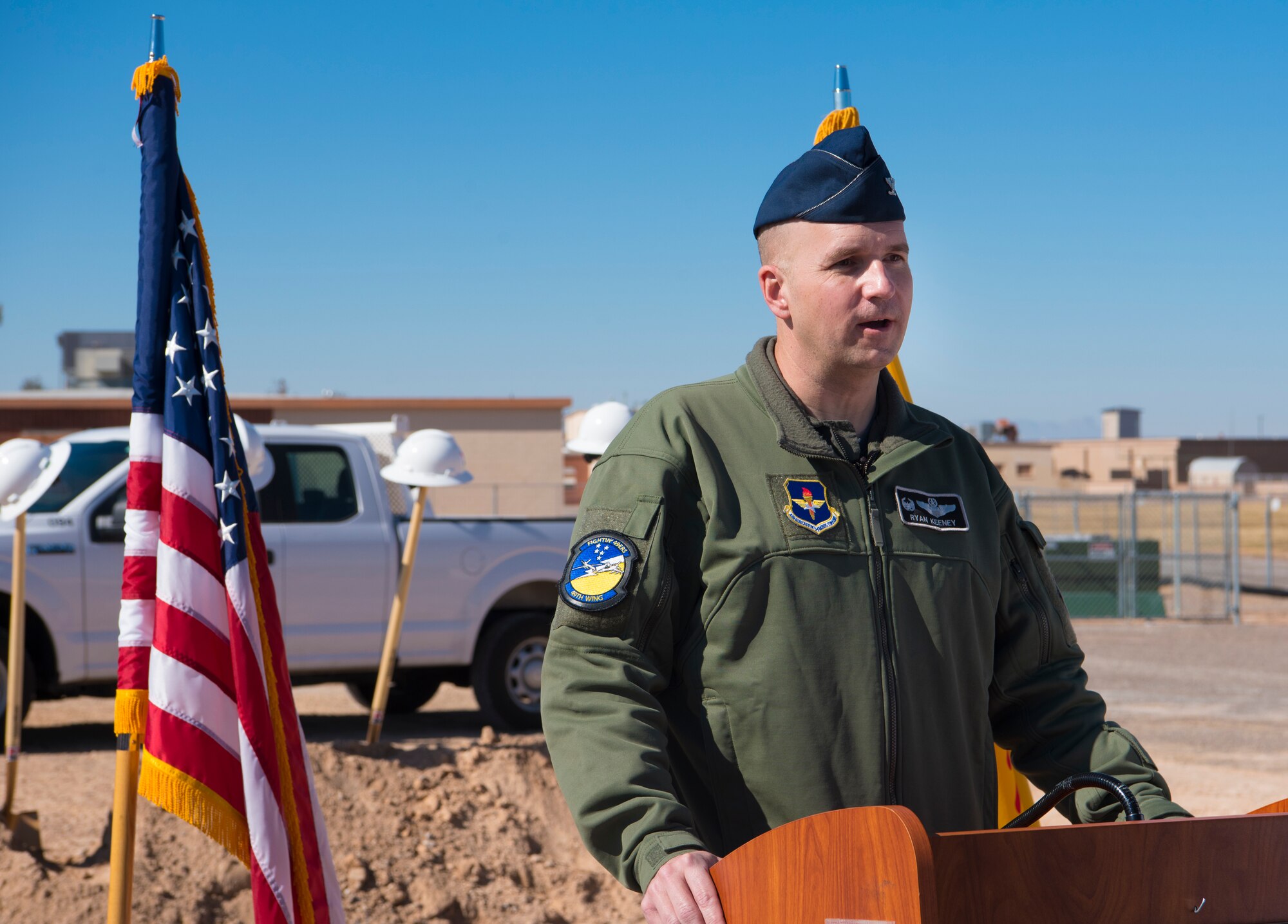 Col. Ryan Keeney, 49th Wing commander, provides remarks during a groundbreaking ceremony, Feb. 19, 2021, on Holloman Air Force Base, New Mexico. Through partnerships between Holloman, APS, civic leaders, and state leaders, the new, modernized Holloman Elementary school is expected to open its doors by the fall of 2022. (U.S. Air Force photo by Airman 1st Class Jessica Sanchez)