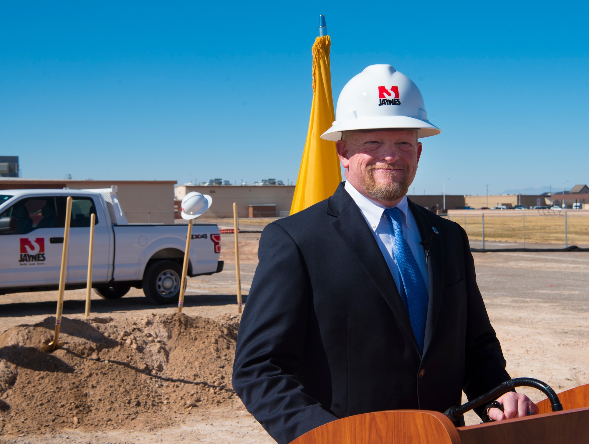 Jerrett Perry, Alamogordo Public School superintendent, gives a speech during a groundbreaking ceremony, Feb. 19, 2021, on Holloman Air Force Base, New Mexico. The new Holloman Elementary school was designed to incorporate flexible and comfortable spaces for diverse learning activities, possibilities for technological growth and new safety and security measures. (U.S. Air Force photo by Airman 1st Class Jessica Sanchez)