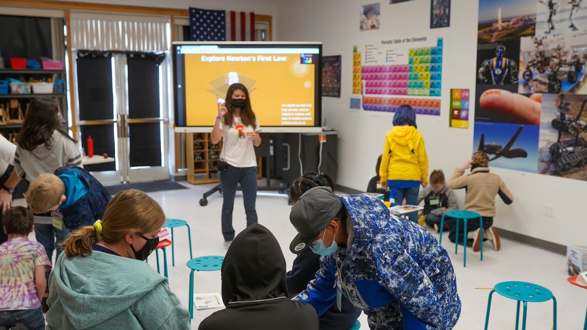 STARBASE Hill students listen to a lesson on Newton’s first law, Feb. 18, 2021, at Hill Air Force Base, Utah.