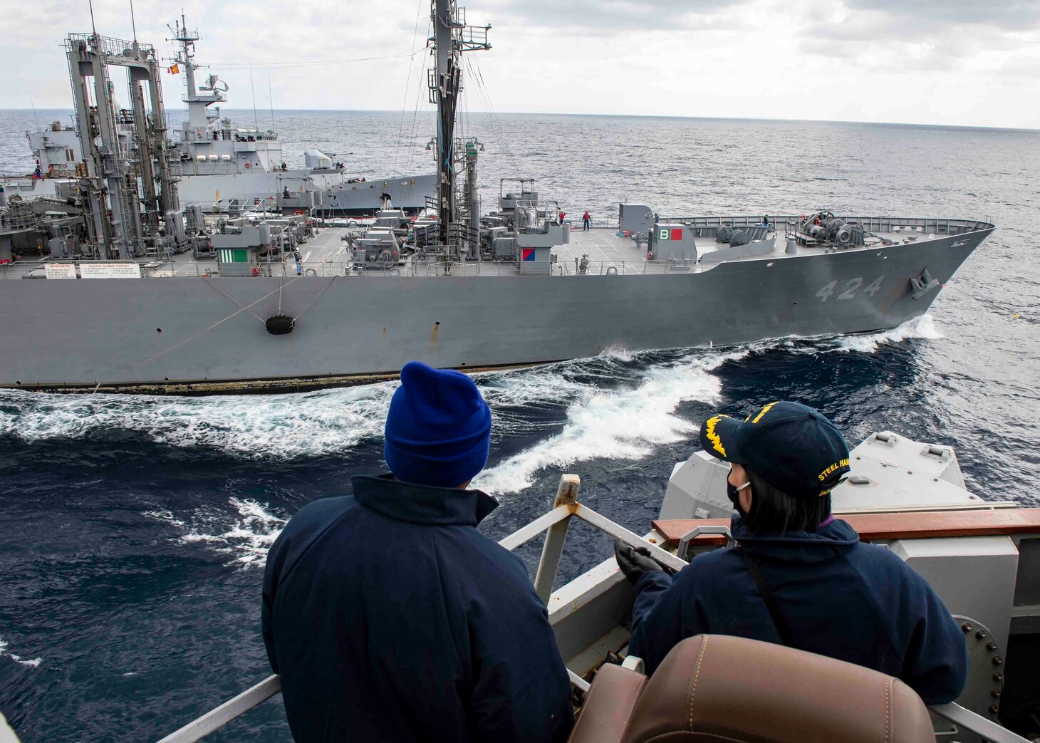 The Arleigh Burke-class guided-missile destroyer USS Curtis Wilbur (DDG 54) conducts a tri-lateral replenishment-at-sea with the Japanese Towada-class replenishment ship JS Hamana (AOE 424) and the French Floreal-class light frigate FNS Prairial (F731). Curtis Wilbur is assigned to Destroyer Squadron (DESRON) 15, the Navy's largest forward-deployed DESRON and the U.S. 7th Fleet's principal surface force.
