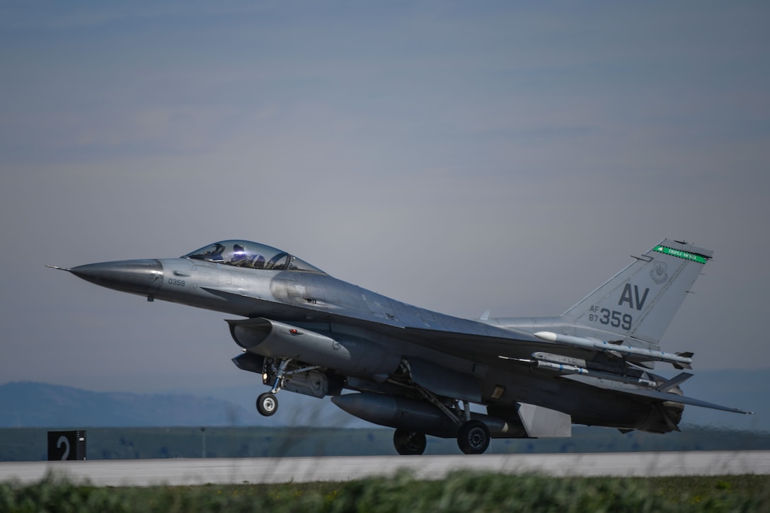 A U.S. Air Force F-16 Fighting Falcon assigned to the 555th Fighter Squadron lands during an Agile Combat Employment (ACE) exercise at Amendola Air Base, Italy, Feb. 17, 2021. ACE exercises ensure Airmen and aircrews are postured to provide lethal combat power across the spectrum of military operations. (U.S. Air Force photo by Senior Airman Ericka A. Woolever)
