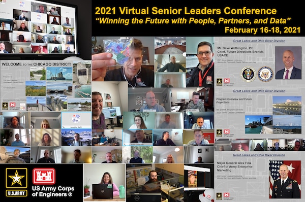 Graphic image depicts the U.S. Army Corps of Engineers, Great Lakes and Ohio River Division, conducted its Virtual Senior Leader Conference Feb. 16-18, 2021. The conference originally had been planned to be mixed virtual and in person hosted by the USACE Chicago District until extreme winter weather across the Midwest altered travel plans. (U.S. Army graphic by Patrick Bray/Released)