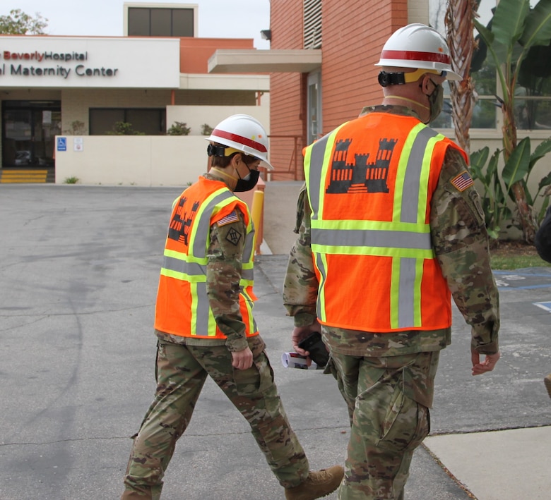 Col. Julie Balten, U.S. Army Corps of Engineers Los Angeles District commander, left, talks with Brig. Gen. Paul Owen, U.S. Army Corps of Engineers South Pacific Division commander, during Owen’s Feb. 9 walk-through of Beverly Community Hospital to review early construction progress at the facility, including upgrades to a 17-bed wing in the facility for non-COVID patients and the conversion of a pre-operation waiting room to a COVID staging area through the addition of high-flow oxygen.