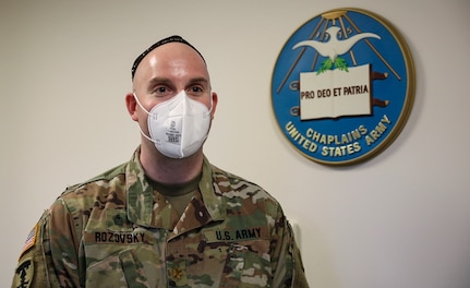 U.S. Army Maj. Aaron Rozovski, deputy Joint Force Headquarters chaplain, District of Columbia National Guard speaks about how celebrating diversity in the military brings people together at the D.C. armory in Washington, D.C. Feb. 7, 2021.