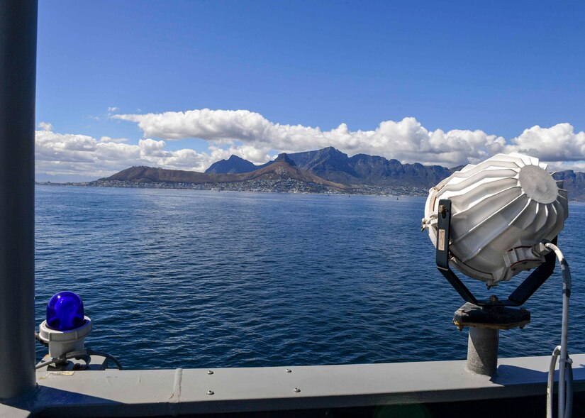 A ship travels through waters