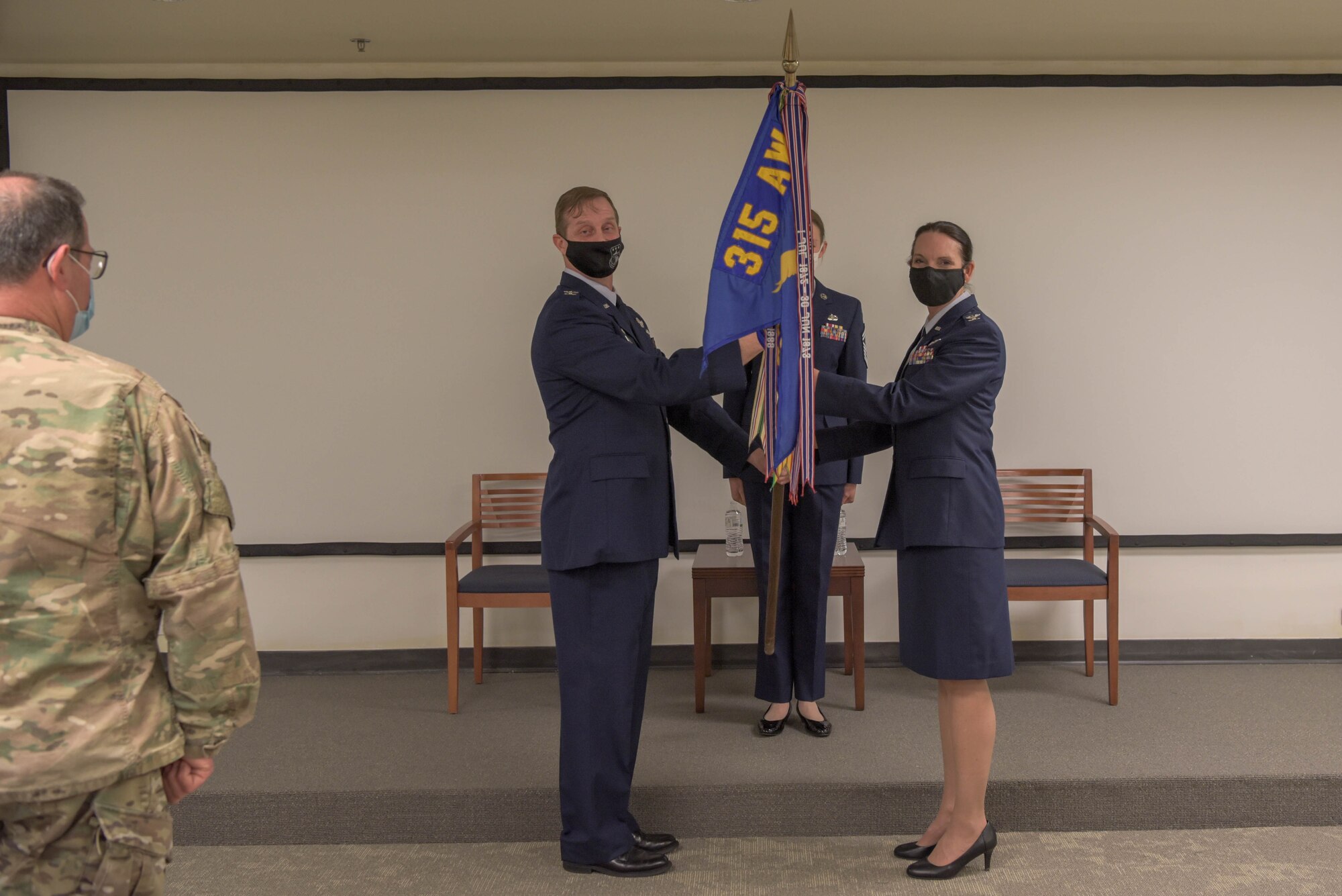 Col. Tracey Atherton assumes command of the 315th Aeromedical Evacuation Squadron in a ceremony presided over by Col. John Gurrieri, 315th Operations Group commander  Feb. 21, 2021 at Joint Base Charleston, South Carolina. From March of 2008 until October of 2014, Atherton served as a wing standardization and evaluation nurse in the 315th Aeromedical Evacuation Squadron.