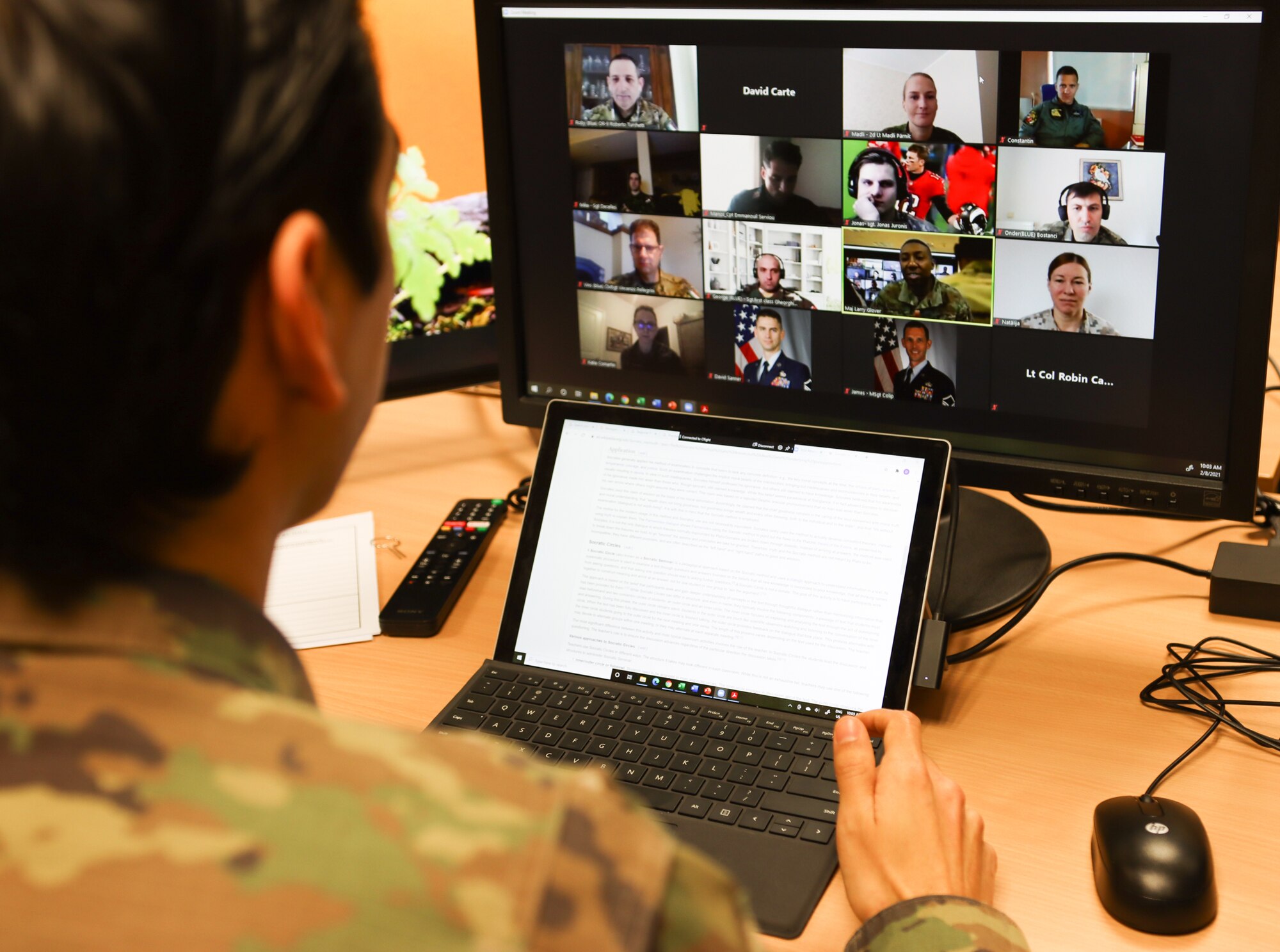 Captain David Carte, Inter-European Air Forces Academy instructor, conducts remote learning with NATO students at Kapaun Air Station, Germany, Feb. 12, 2021. The IEAFA students discussed adult education theories and practiced delivery methods that will be applied to professional military education in their own armed forces. (Courtesy photo by Inter-European Air Forces Academy)