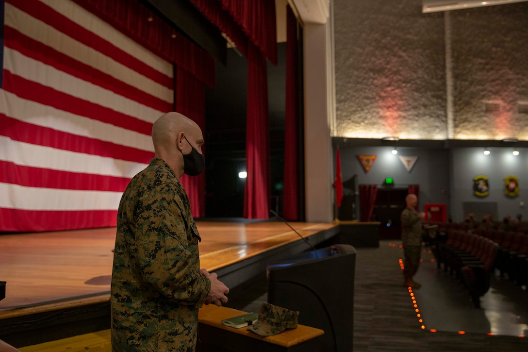 The 19th Sergeant Major of the Marine Corps, Sgt. Maj. Troy E. Black, speaks with Staff Non-Commissioned Officers at Marine Corps Air Station Miramar, San Diego, Ca, Feb. 11, 2021. The Sergeant Major of the Marine Corps conducted the visit to address the future roles and responsibilities of SNCO’s in Force Design 2030. The Marines in attendance work at MCAS Miramar and the 3rd Marine Aircraft Wing. (U.S. Marine Corps photo by Sgt. Victoria Ross)