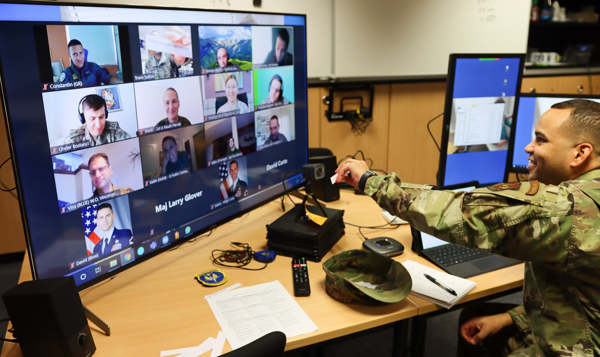 Tech. Sgt. Travis Sutton, Inter-European Air Forces Academy instructor, conducts remote impromptu teaching exercise during its annual Inter-European Basic Instructor Course at Kapaun Air Station, Germany, Feb. 12, 2021. This course supports continued education and training to NATO nations through practical application and feedback. (Courtesy photo by Inter-European Air Forces Academy)