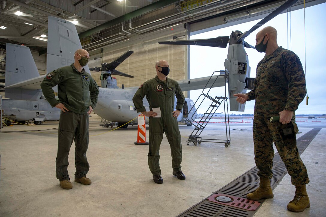 The 19th Sergeant Major of the Marine Corps, Sgt. Maj. Troy E. Black, tours Marine Medium Tiltrotor Training Squadron 204 (VMMT 204) at Marine Corps Air Station New River, Nc, Feb. 18, 2021. The Sergeant Major of the Marine Corps conducted the visit to hear recommendations regarding force maturity and retention from the leadership responsible for the initial training of various enlisted aviation military occupational specialties. The VMMT 204 mission is to train the world's finest tiltrotor pilots, aircrew, and maintainers for the U.S. Marine Corps, U.S. Air Force, U.S. Navy, and Japan Ground Self-Defense Force. (U.S. Marine Corps photo by Sgt. Victoria Ross)