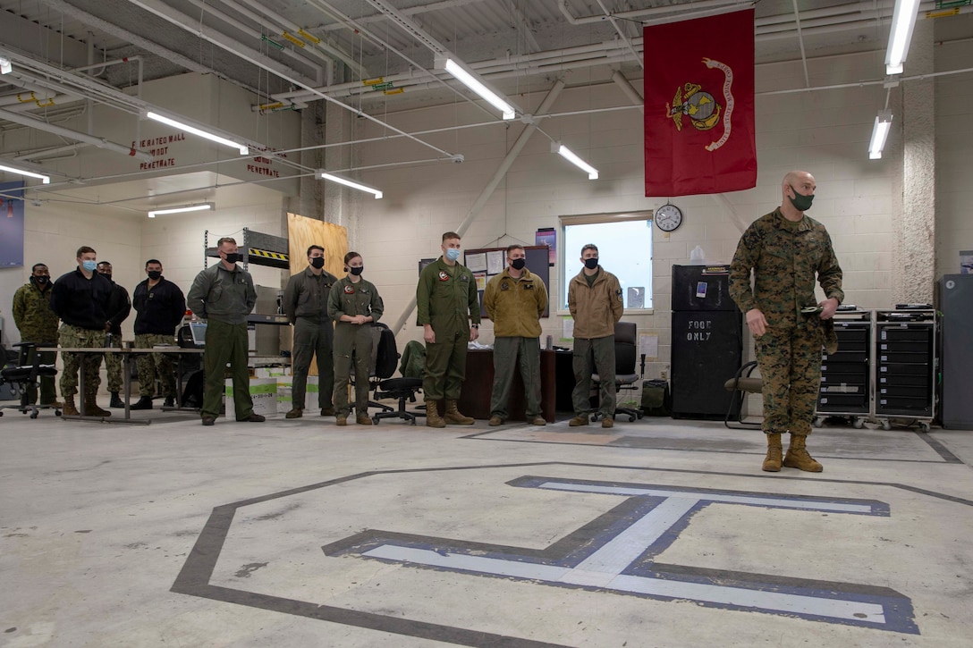 The 19th Sergeant Major of the Marine Corps, Sgt. Maj. Troy E. Black, tours Marine Medium Tiltrotor Training Squadron 204 (VMMT 204) at Marine Corps Air Station New River, Nc, Feb. 18, 2021. The Sergeant Major of the Marine Corps conducted the visit to hear recommendations regarding force maturity and retention from the leadership responsible for the initial training of various enlisted aviation military occupational specialties. The VMMT 204 mission is to train the world's finest tiltrotor pilots, aircrew, and maintainers for the U.S. Marine Corps, U.S. Air Force, U.S. Navy, and Japan Ground Self-Defense Force. (U.S. Marine Corps photo by Sgt. Victoria Ross)