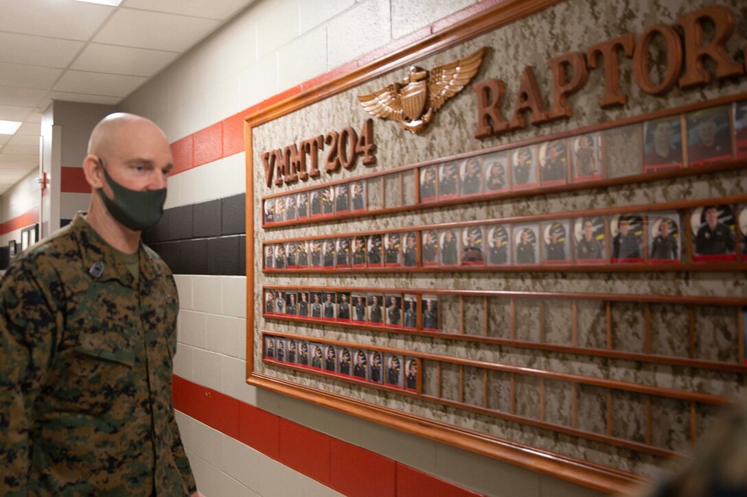 The 19th Sergeant Major of the Marine Corps, Sgt. Maj. Troy E. Black, tours Marine Medium Tiltrotor Training Squadron 204 (VMMT 204) at Marine Corps Air Station New River, Nc, Feb. 18, 2021. The Sergeant Major of the Marine Corps conducted the visit to hear recommendations regarding force maturity and retention from the leadership responsible for the initial training of various enlisted aviation military occupational specialties. The VMMT 204 mission is to train the world's finest tiltrotor pilots, aircrew, and maintainers for the U.S. Marine Corps, U.S. Air Force, U.S. Navy, and Japan Ground Self-Defense Force. (U.S. Marine Corps photo by Sgt. Victoria Ross)