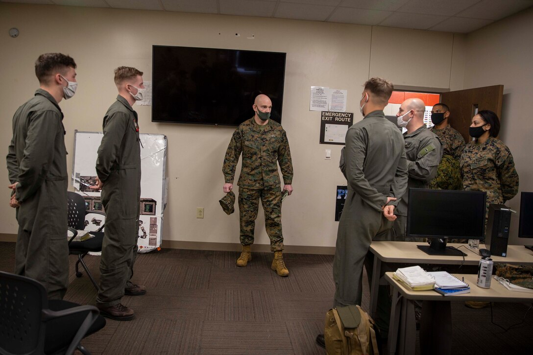 The 19th Sergeant Major of the Marine Corps, Sgt. Maj. Troy E. Black, tours Marine Medium Tiltrotor Training Squadron 204 (VMMT 204) at Marine Corps Air Station New River, Nc, Feb. 18, 2021. The Sergeant Major of the Marine Corps conducted the visit to hear recommendations regarding force maturity and retention from the leadership responsible for the initial training of various enlisted aviation military occupational specialties. The VMMT 204 mission is to train the world's finest tiltrotor pilots, aircrew, and maintainers for the U.S. Marine Corps, U.S. Air Force, U.S. Navy, and Japan Ground Self-Defense Force. (U.S. Marine Corps photo by Sgt. Victoria Ross)