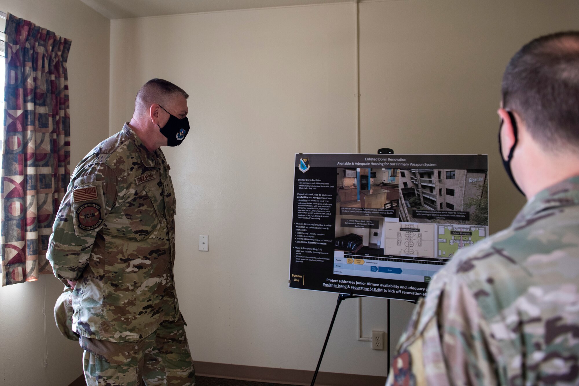 Maj. Gen. William Spangenthal, Air Education and Training Command deputy commander, being briefed about the proposed upgrades to the dormitory on base at Laughlin Air Force Base, Texas, Feb. 8, 2021. Future plans are to renovate Ricks Hall to help create a better quality of life for Laughlin Airmen living on base. Dorms for training programs require proper sustainment, restoration, and modernization to produce the Airmen needed for America’s defense. (U.S. Air Force photo by Airman 1st Class David Phaff)