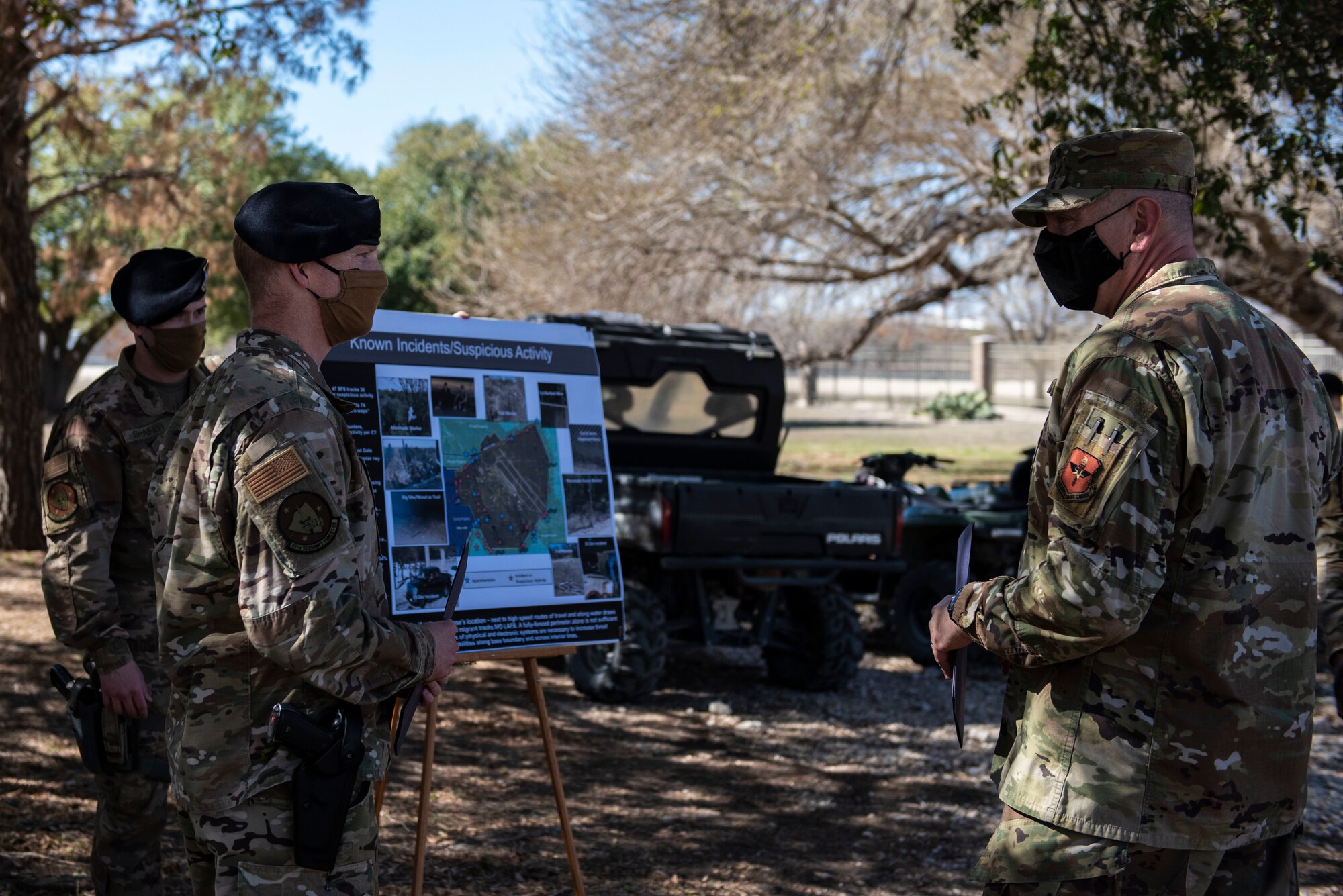 Maj. Gen. William Spangenthal, Air Education and Training Command deputy commander, was briefed by defenders from 47th Security Forces Squadron about base safety and procedures at Laughlin Air Force Base, Texas, Feb. 8, 2021. The brief concluded with an ATV tour around the base perimeter to view the detection and protection systems. (U.S. Air Force photo by Airman 1st Class David Phaff)