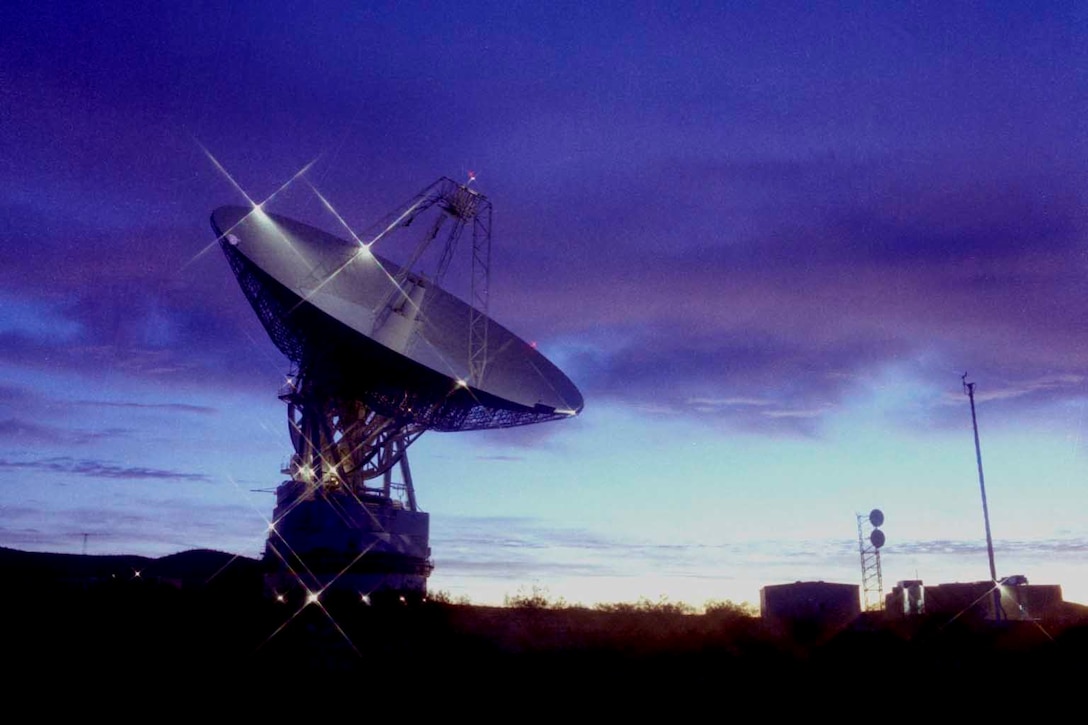 An antenna at night.