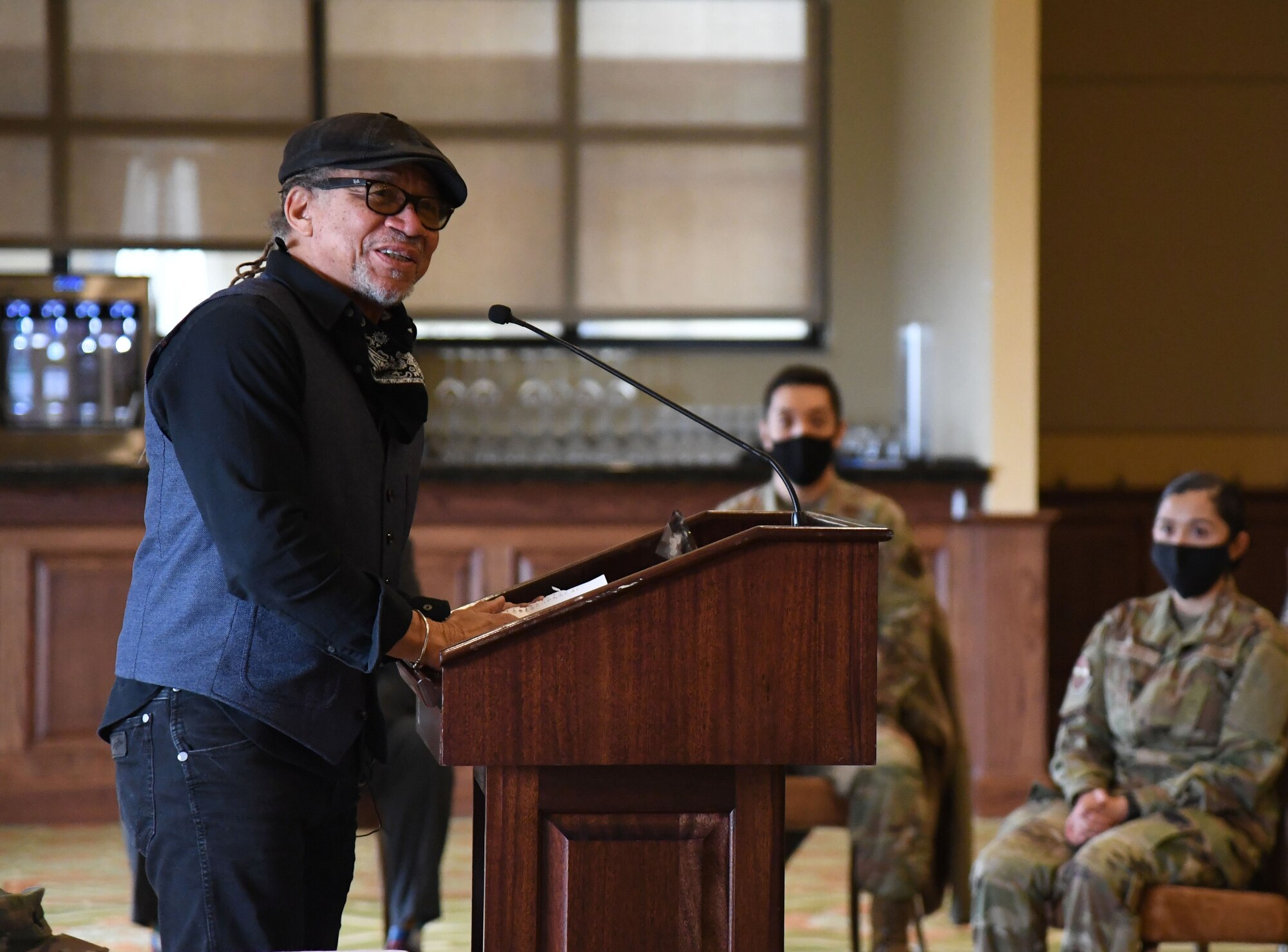 Rip Daniels, WJZD radio station CEO and "It's a New Day" host, delivers remarks inside the Bay Breeze Event Center at Keesler Air Force Base, Mississippi, Feb. 18, 2021. Daniels served as the keynote speaker as Keesler celebrated National African American History Month. (U.S. Air Force photo by Kemberly Groue)